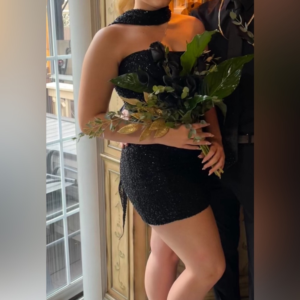 Sequin Bandeau Mini Dress with Scarf Neck in Black - Picture 4 of 4